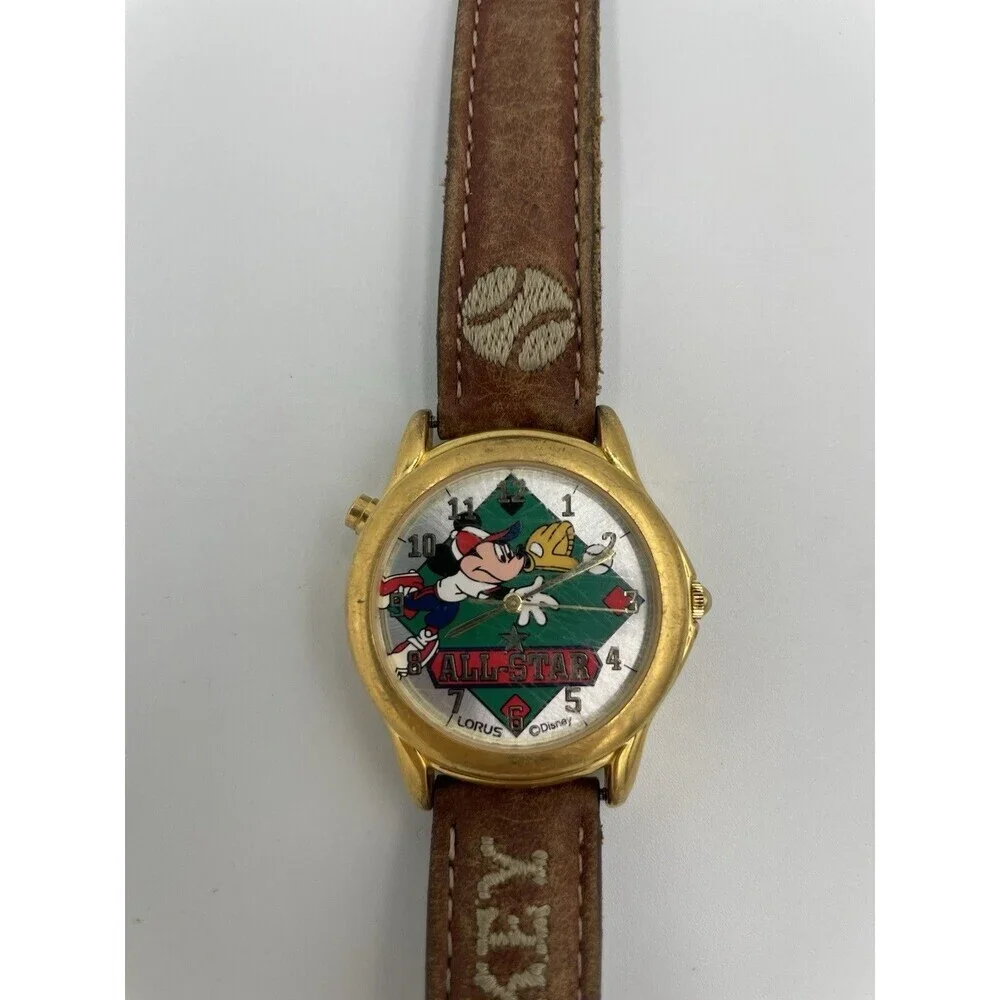 Vintage Mickey Mouse Baseball Lorus Watch With Gold All Star Disney Rare